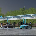 New Energy Charging Station With Electric Vehicles Charging Under Canopy Surrounded By Trees At Dusk