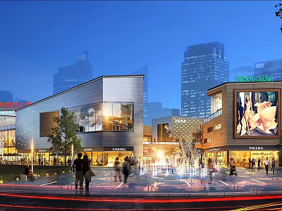 Vibrant Commercial Street Night Scene With Modern Buildings Illumination Pedestrians Fountains And Large Screen Ads 3d model