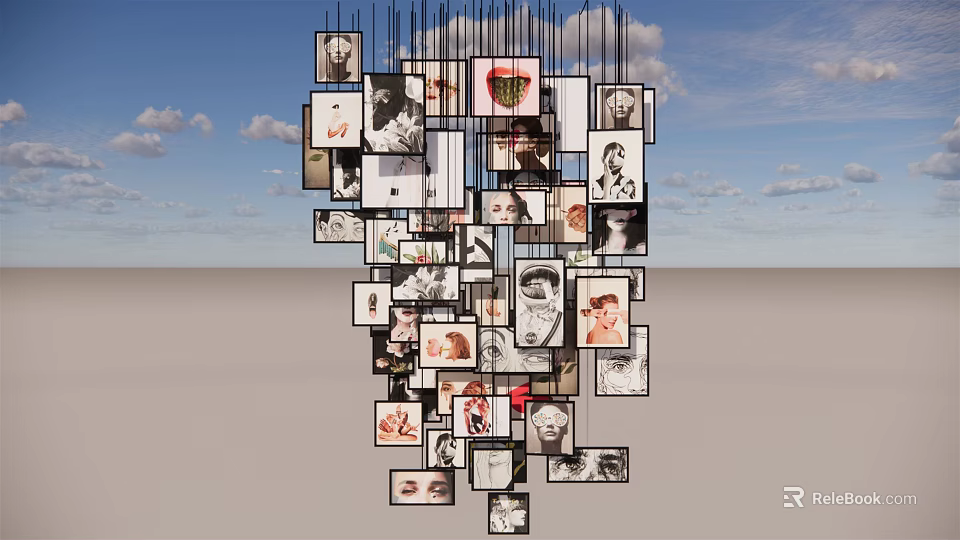 Hanging Photo Wall With Various Portrait Photos Black Lines Irregular Arrangement Blue Sky Background 3d model 