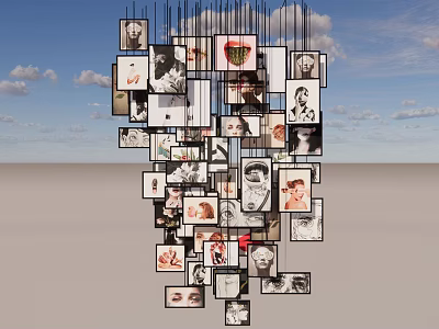 Hanging Photo Wall With Various Portrait Photos Black Lines Irregular Arrangement Blue Sky Background 3d model