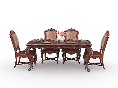 Classic Carved Dark Brown Dining Table Set With Four Chairs Tableware And Pink Flower Vase 3d model