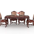 Classic Carved Dark Brown Dining Table Set With Four Chairs Tableware And Pink Flower Vase