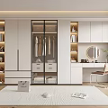 Elegant Modern Wardrobe Interior Design With Glass Doors Open Shelves And Dressing Table Mirror