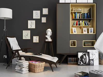Modern Grey Wooden Bookshelf With Open Shelves Books And Decorations In Cozy Living Room 3d model