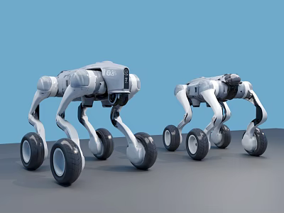 Four Legged Smart Robots With Large Wheels And Gray Body On Light Blue Background 3d model