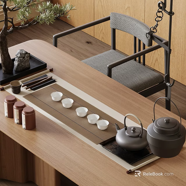 Elegant Tea Set Display on Wooden Table with Teapots Cups and Canisters 3d model 