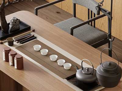 Elegant Tea Set Display on Wooden Table with Teapots Cups and Canisters 3d model