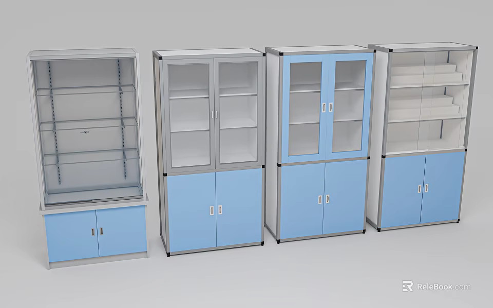 Modern Storage Cabinets With Glass Doors Blue Gray Finish And Multiple Shelves 3d model 