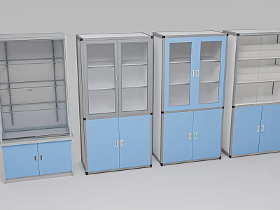 Modern Storage Cabinets With Glass Doors Blue Gray Finish And Multiple Shelves 3d model