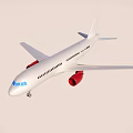 White Passenger Airplane With Red Engines Flying In Blue Sky With Clouds