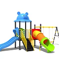 Colorful Playground Equipment With Animal Shaped Top Multiple Slides Swings And Safe Steps