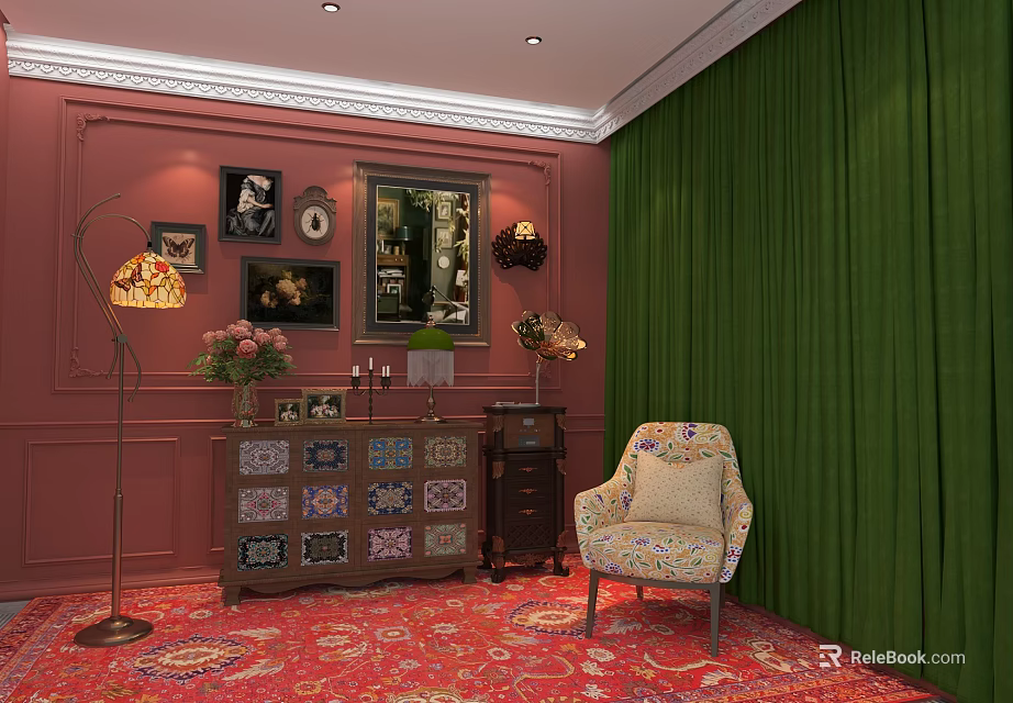 Elegant Interior With Pink Walls Green Curtains Paintings Mirror Lamp Armchair And Red Carpet 3d model 