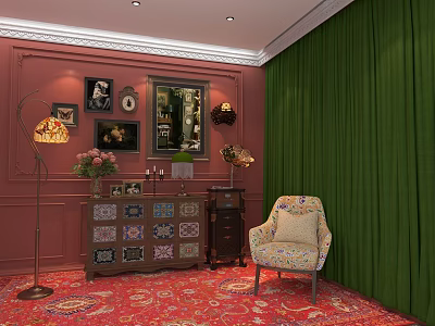 Elegant Interior With Pink Walls Green Curtains Paintings Mirror Lamp Armchair And Red Carpet 3d model