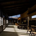 Shopping Mall Store Interior With Wooden Ceiling Large Windows Natural Light And Tables