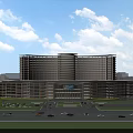Modern Hospital Building Exterior With Multi story Structure Parking Area Trees And Blue Sky