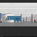 Modern Lobby Interior With Blue Wall Digital Screen White Reception Desk And Pillars
