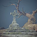 Desolate Hill Scene With Dead Tree Stone Cross And Stone Monuments
