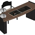 Modern Wooden Desk With Brown Top Black Legs Desk Lamp Open Notebook And Chair