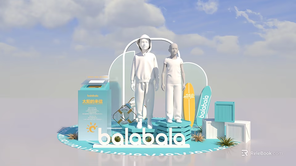 Balabala Fun Photo Check in Spot With White Figures Surfboard And Blue 3d model 