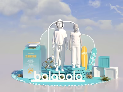 Balabala Fun Photo Check in Spot With White Figures Surfboard And Blue 3d model