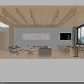 Modern Office Lounge Interior With Wooden Ceiling Large Artwork Shelving Units And Sofa