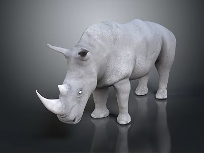 Gray Rhinoceros In Standing Pose With Rough Skin And Single Horn On Shiny Surface 3d model