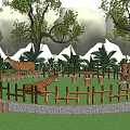 Scenic Park Landscape With Deer Wooden Fence Green Grass Trees And Sign