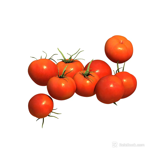 Fresh Red Tomatoes With Green Stems Arranged On White Background 3d model