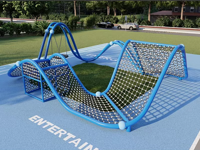 Outdoor Garden Entertainment Area With Blue Climbing Net Swing And Green Lawn 3d model