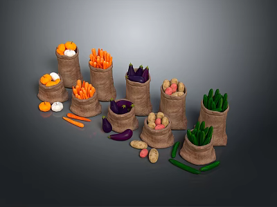 Assorted Fresh Fruits in Burlap Sacks Including Apples Oranges and Grapes 3d model