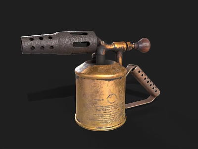Vintage Brass Gas Blowtorch Hardware Tool With Metal Handle And Cylinder Design 3d model