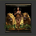 Black Decorative Cabinet With Female Figure Lions And Green Leaves Design
