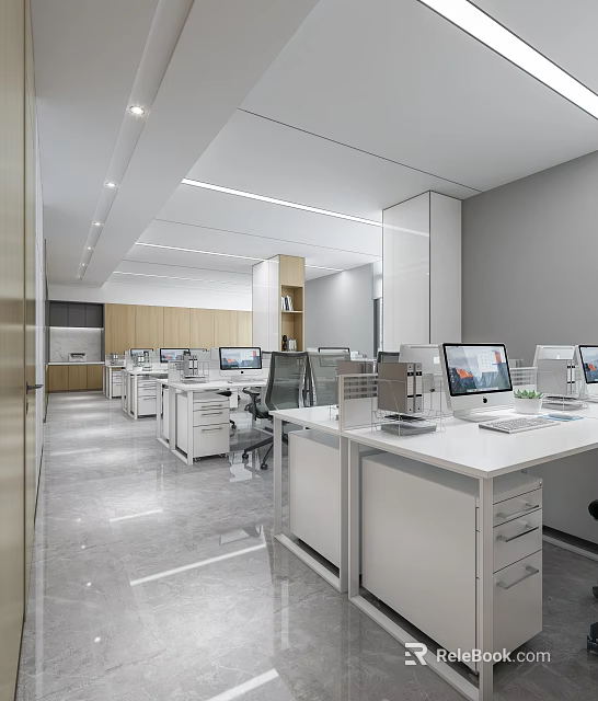 Modern Public Office Space Open Concept Bright Spacious Interior With Desks Computers And Wooden Elements 3d model