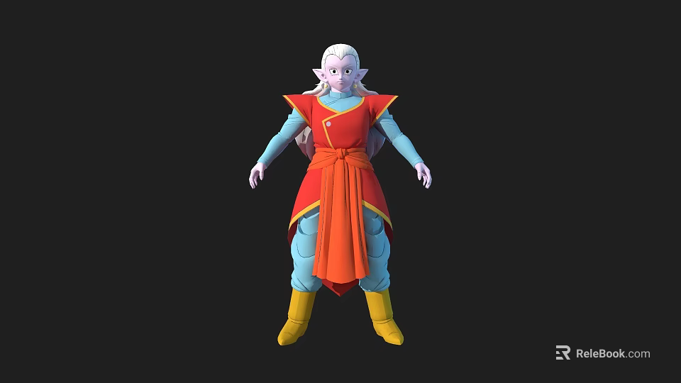 Detailed Game Movie Character With White Hair Red Orange Robe Blue Sleeves And Yellow Boots 3d model 