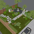 Garden Landscape Design With Lawn Green Plants Fountain Stone Path Bench And Brick Wall
