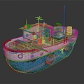Blue And White Wooden Boat With Small Cabin Red Green Boxes And Antenna On Deck