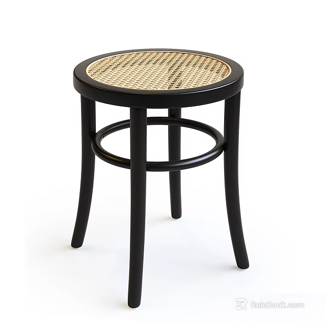 Black Wooden Stool With Round Woven Seat And Curved Legs Design 3d model 
