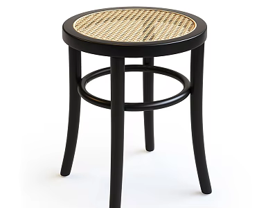 Black Wooden Stool With Round Woven Seat And Curved Legs Design 3d model