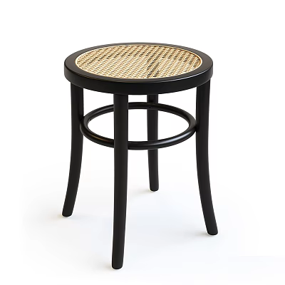 Black Wooden Stool With Round Woven Seat And Curved Legs Design 3d model