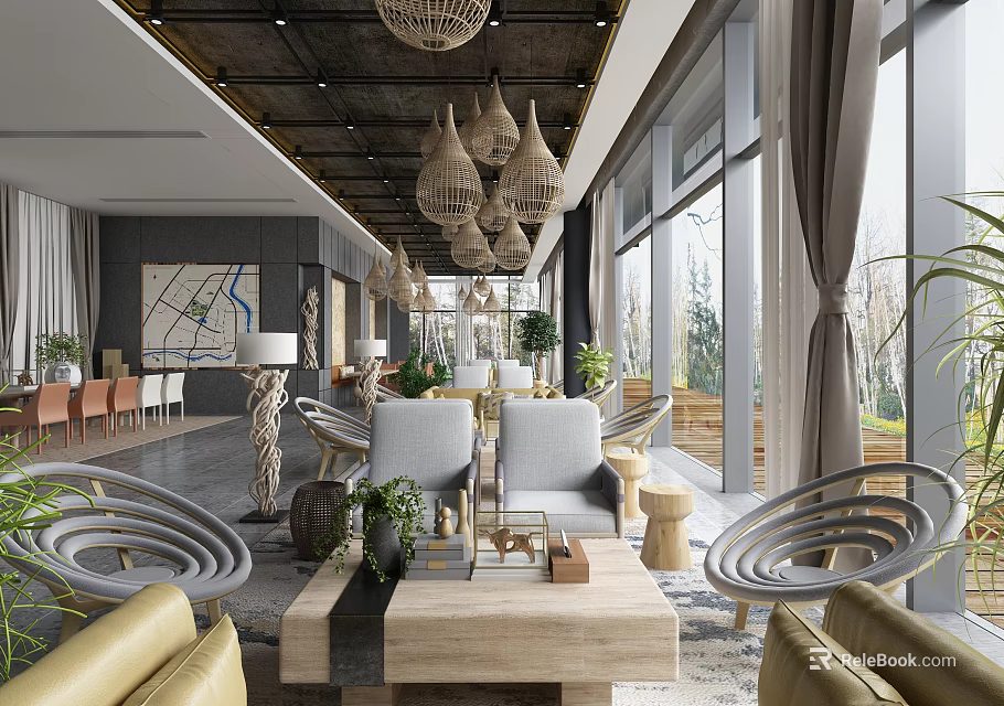 Modern Hotel Public Lounge Area With Rattan Pendant Lights Large Windows And Comfortable Seating 3d model 