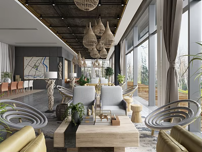 Modern Hotel Public Lounge Area With Rattan Pendant Lights Large Windows And Comfortable Seating 3d model