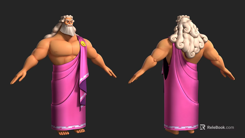 Muscular Game Movie Character With Long White Hair Pink Toga And Purple Trim 3d model 