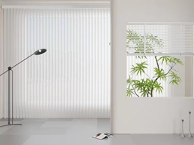 White Window Blinds in Modern Bright Room with Large Windows Green Plants and Natural Light 3d model