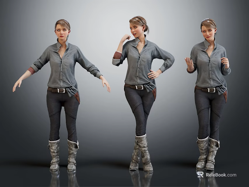Casual Woman In Gray Shirt Dark Pants And Long Boots With Multiple Poses 3d model 