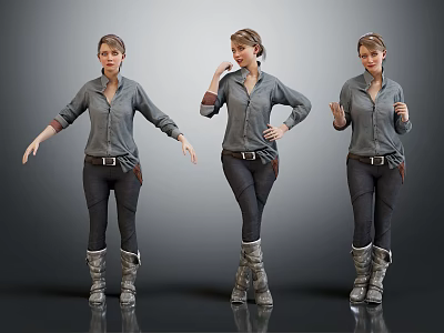 Casual Woman In Gray Shirt Dark Pants And Long Boots With Multiple Poses 3d model