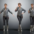 Casual Woman In Gray Shirt Dark Pants And Long Boots With Multiple Poses