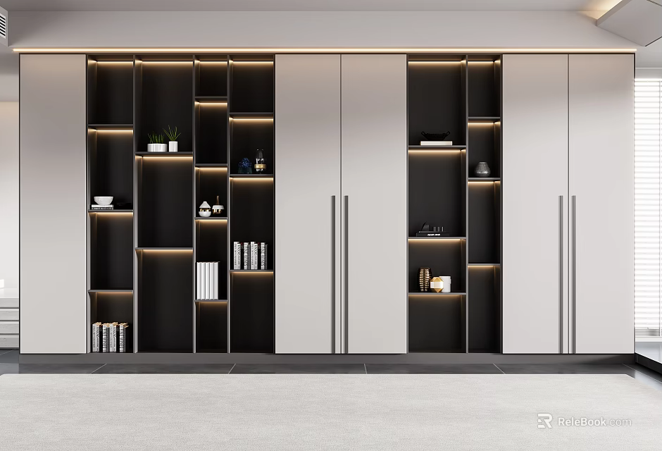 Modern Bookcase With Built in Lighting and Various Compartments for Books and Decor Items 3d model 