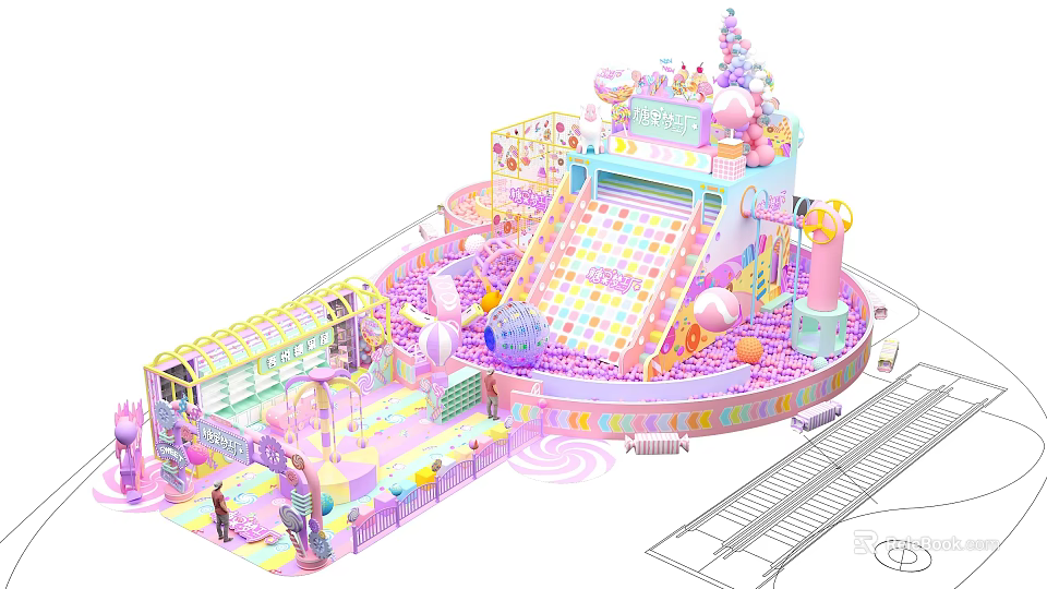 Pink Themed Kids Playground With Slide Ball Pit And Castle Structure 3d model 