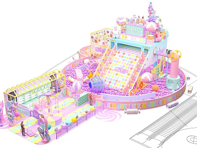 Pink Themed Kids Playground With Slide Ball Pit And Castle Structure 3d model