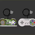 Retro Electronic Gaming Controllers With Exposed Circuit Board And White Green Purple Design